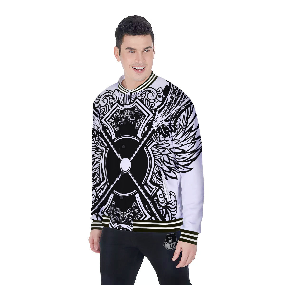 Sticks Lacrosse Ornate Wing Print Baseball Jacket-grizzshop