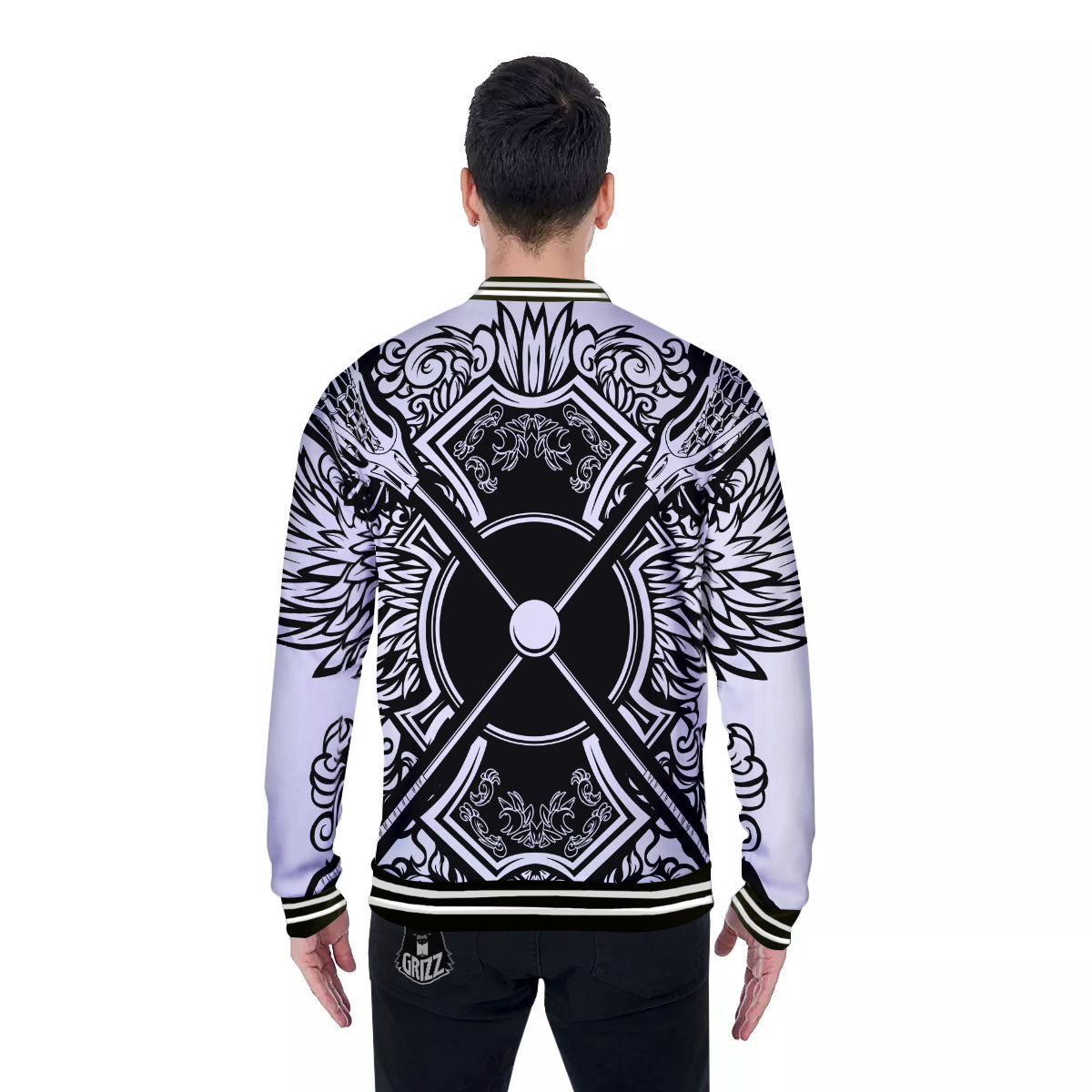 Sticks Lacrosse Ornate Wing Print Baseball Jacket-grizzshop