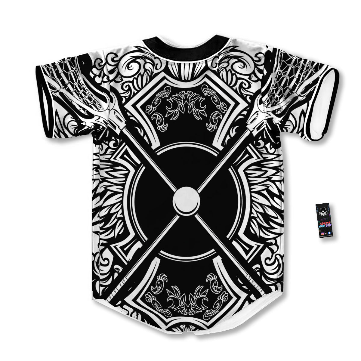 Sticks Lacrosse Ornate Wing Print Baseball Jersey-grizzshop