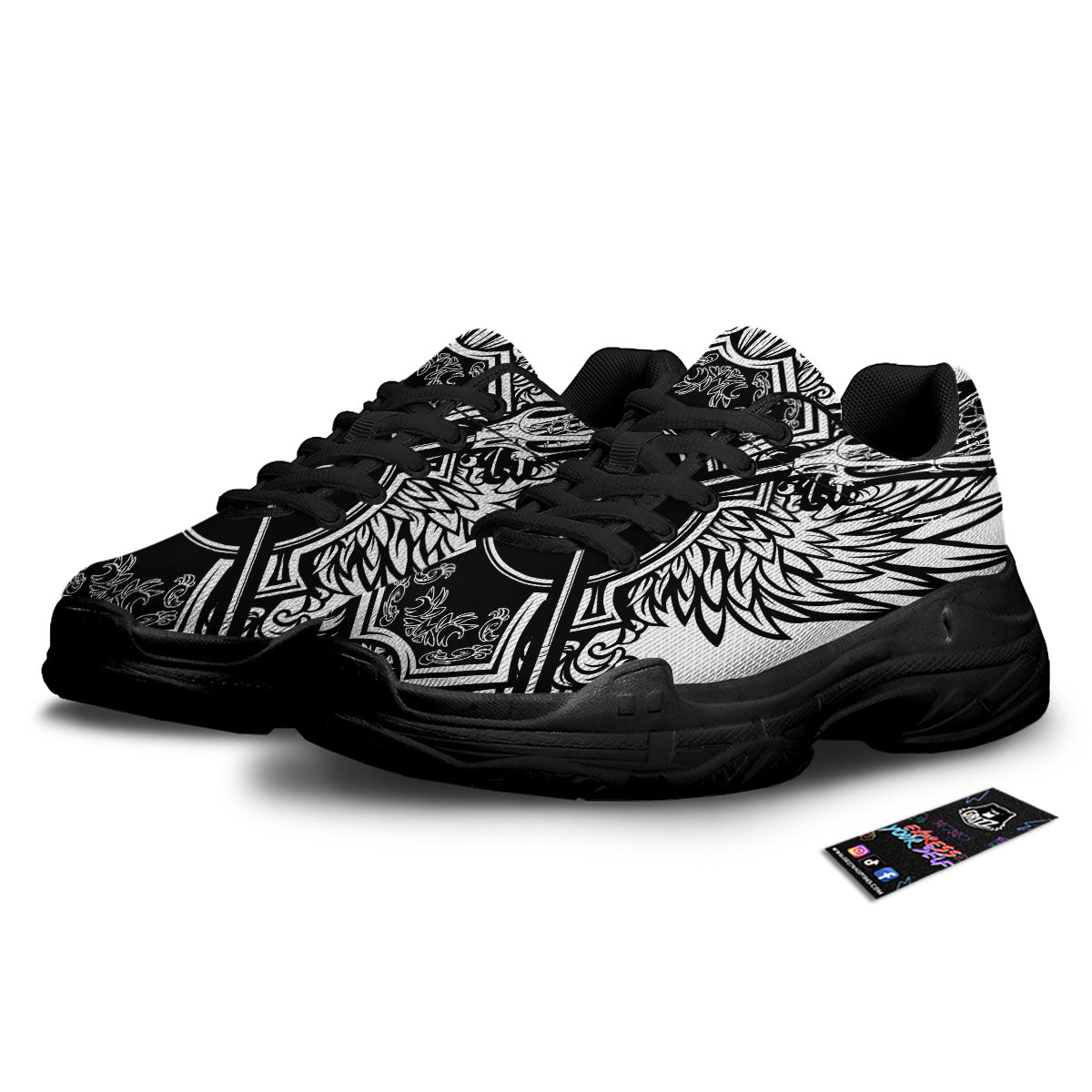 Sticks Lacrosse Ornate Wing Print Black Chunky Shoes-grizzshop