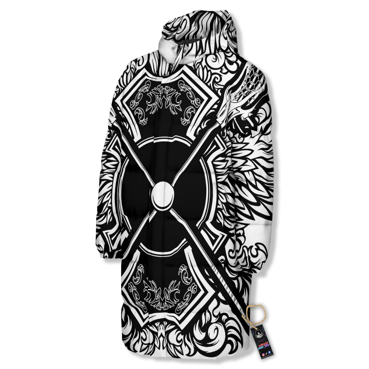 Sticks Lacrosse Ornate Wing Print Long Down Jacket-grizzshop