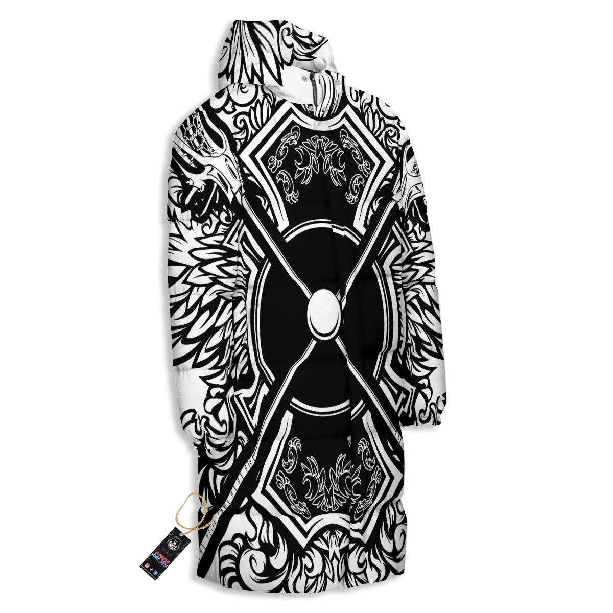 Sticks Lacrosse Ornate Wing Print Long Down Jacket-grizzshop