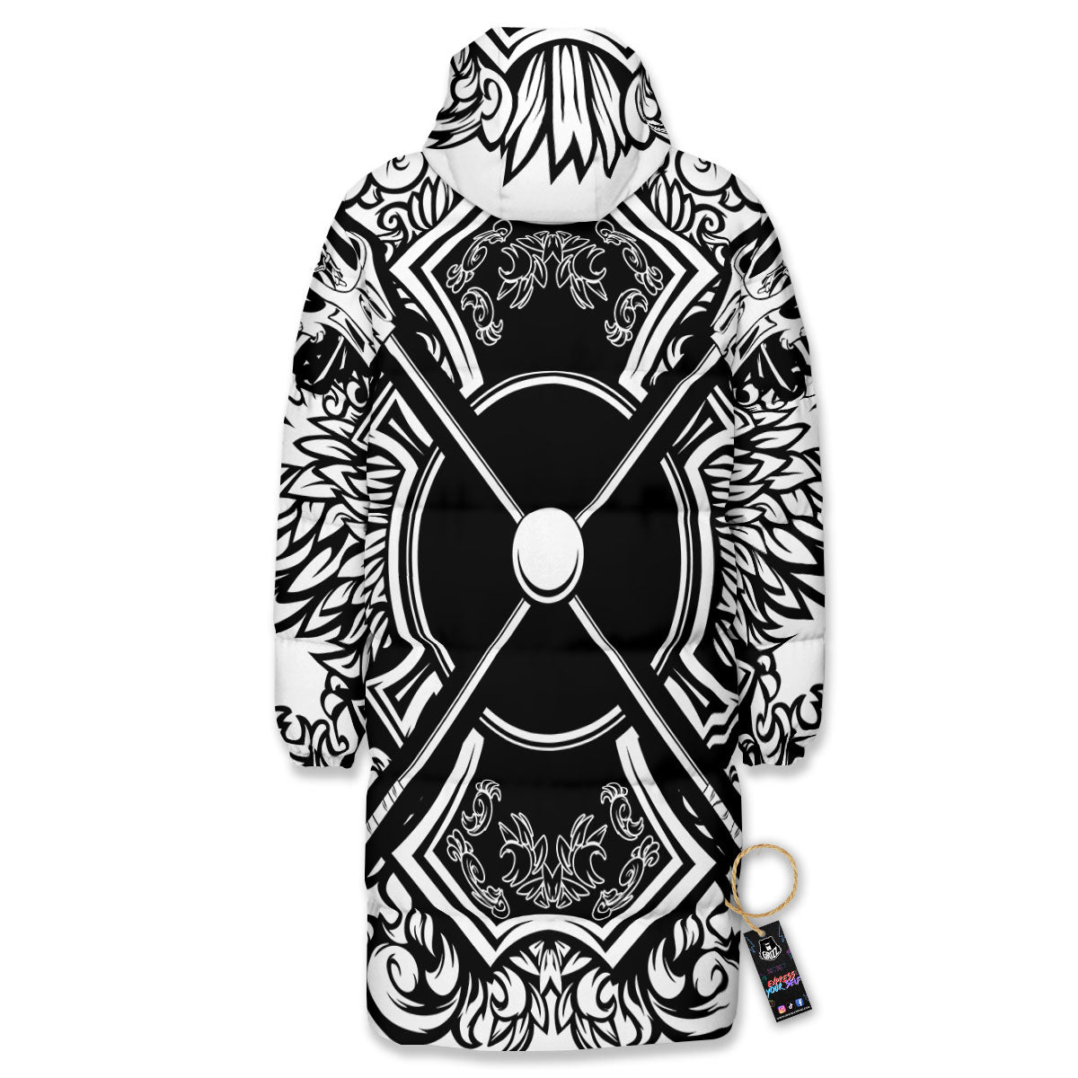 Sticks Lacrosse Ornate Wing Print Long Down Jacket-grizzshop