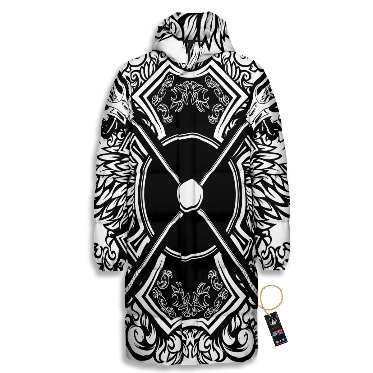 Sticks Lacrosse Ornate Wing Print Long Down Jacket-grizzshop