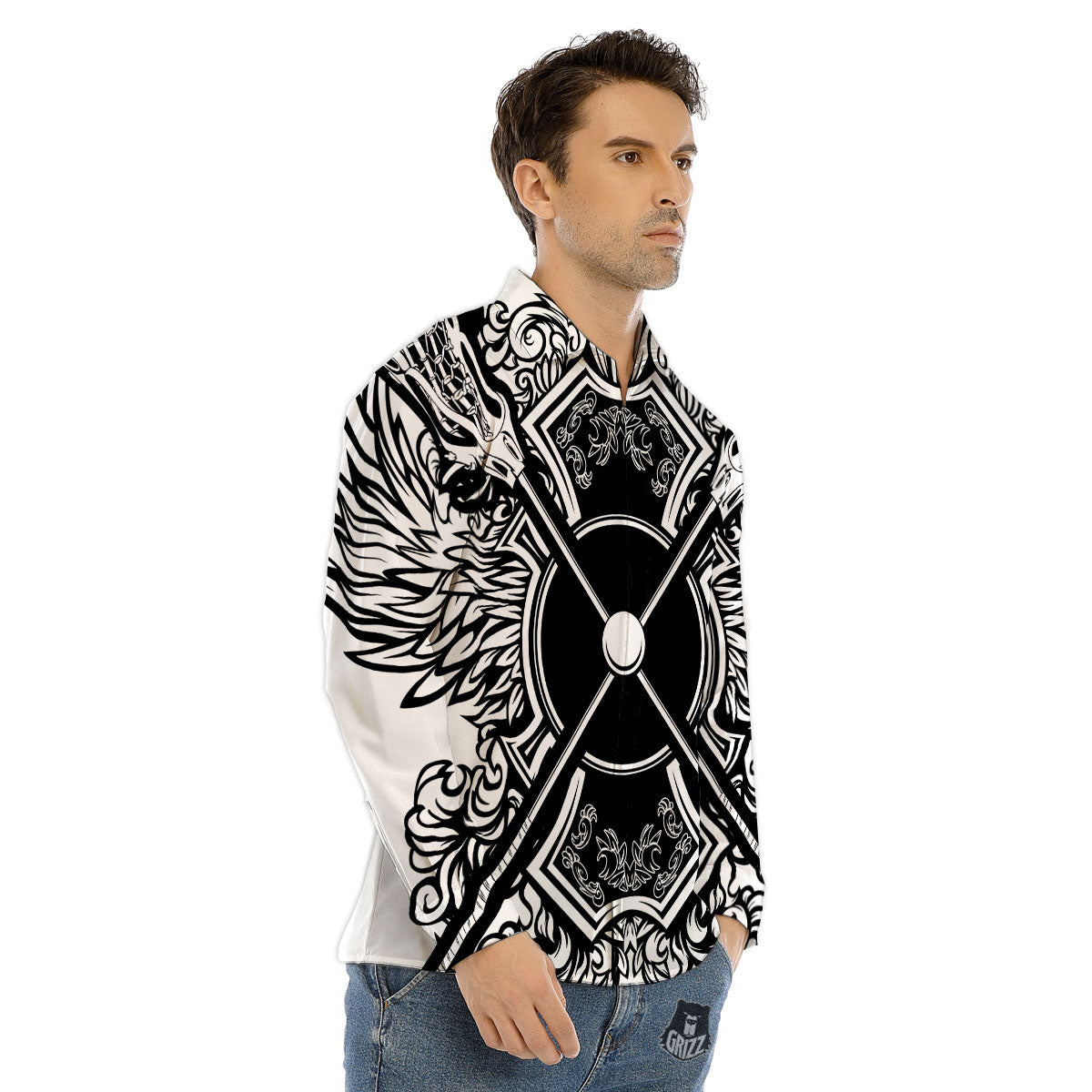 Sticks Lacrosse Ornate Wing Print Men's Dress Shirts-grizzshop