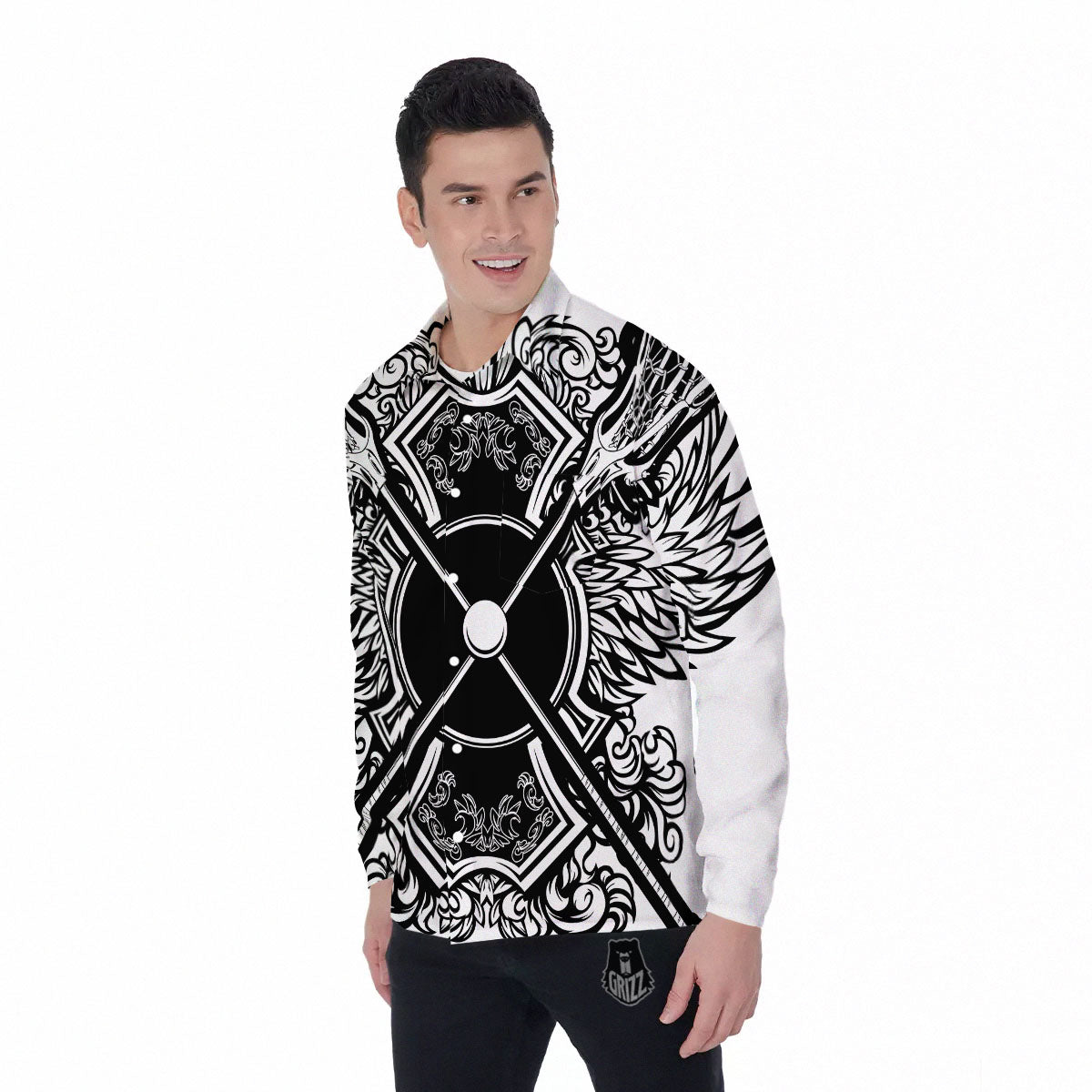 Sticks Lacrosse Ornate Wing Print Men's Long Sleeve Shirts-grizzshop
