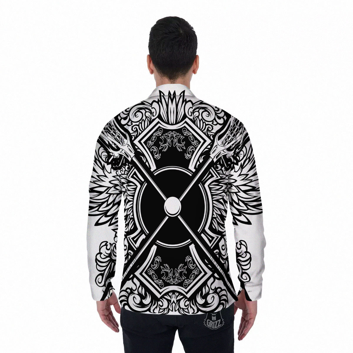 Sticks Lacrosse Ornate Wing Print Men's Long Sleeve Shirts-grizzshop