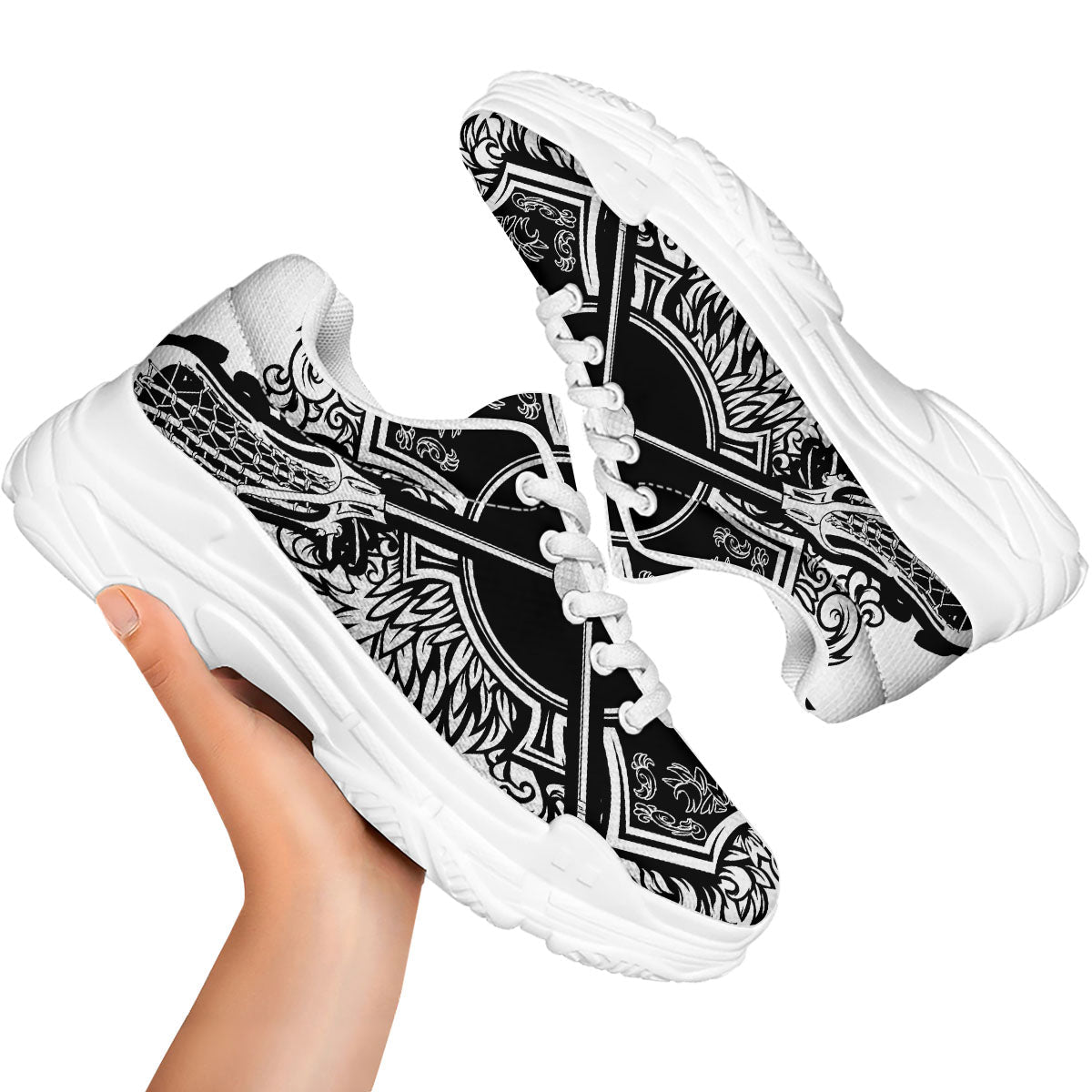 Sticks Lacrosse Ornate Wing Print White Chunky Shoes-grizzshop