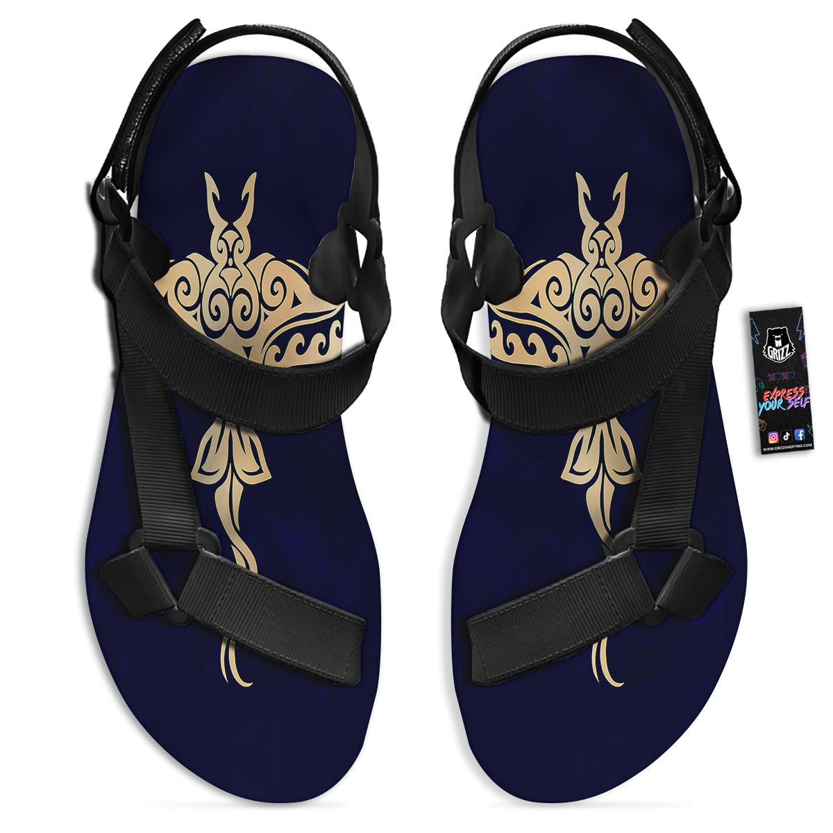 Stingray Spiritual Golden Print Black Open Toe Sandals-grizzshop