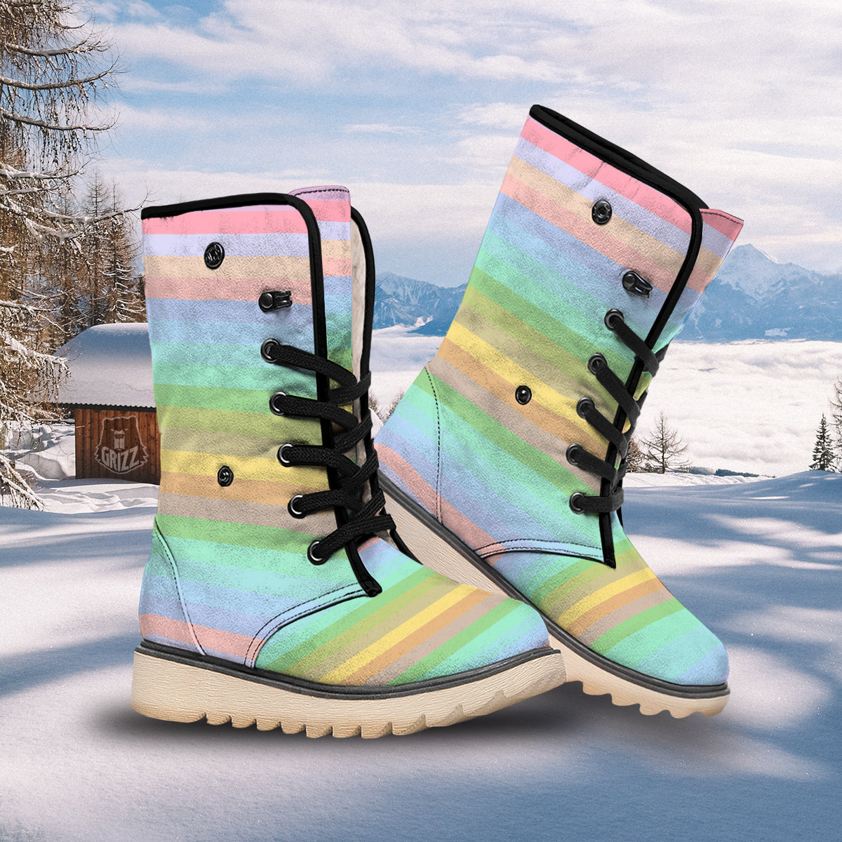 Stiped Rainbow Pastel Print Snow Boots-grizzshop