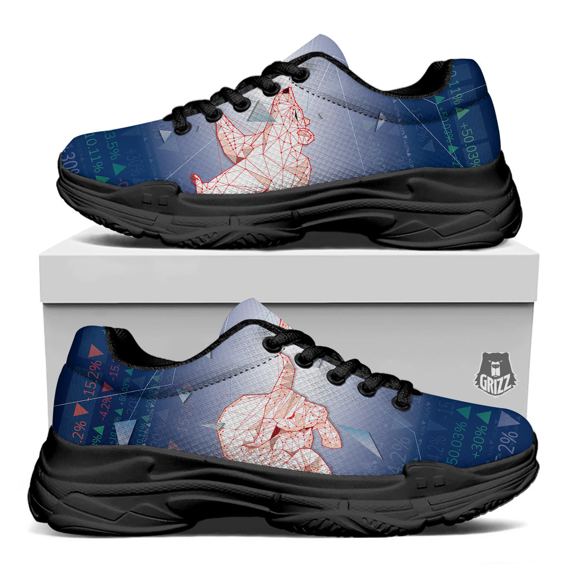 Stock Market Bear And Bull Print Black Chunky Shoes-grizzshop