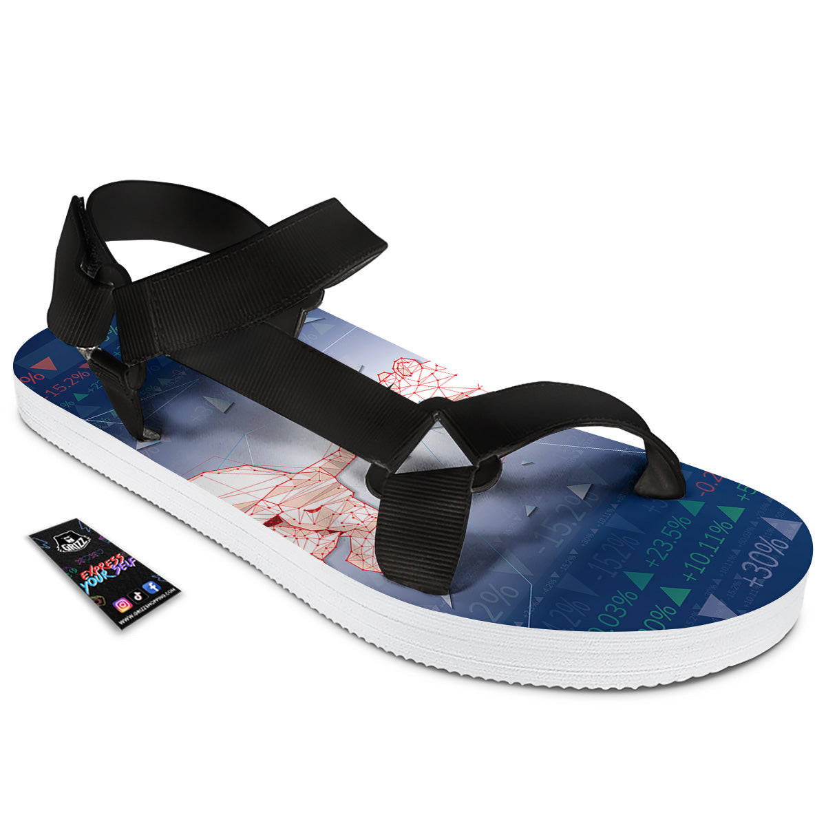 Stock Market Bear And Bull Print Black Open Toe Sandals-grizzshop