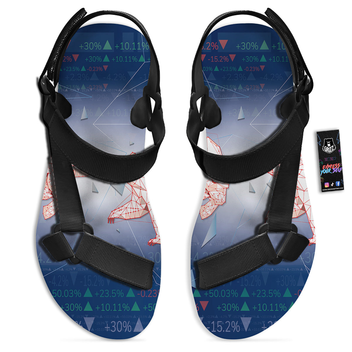 Stock Market Bear And Bull Print Black Open Toe Sandals-grizzshop