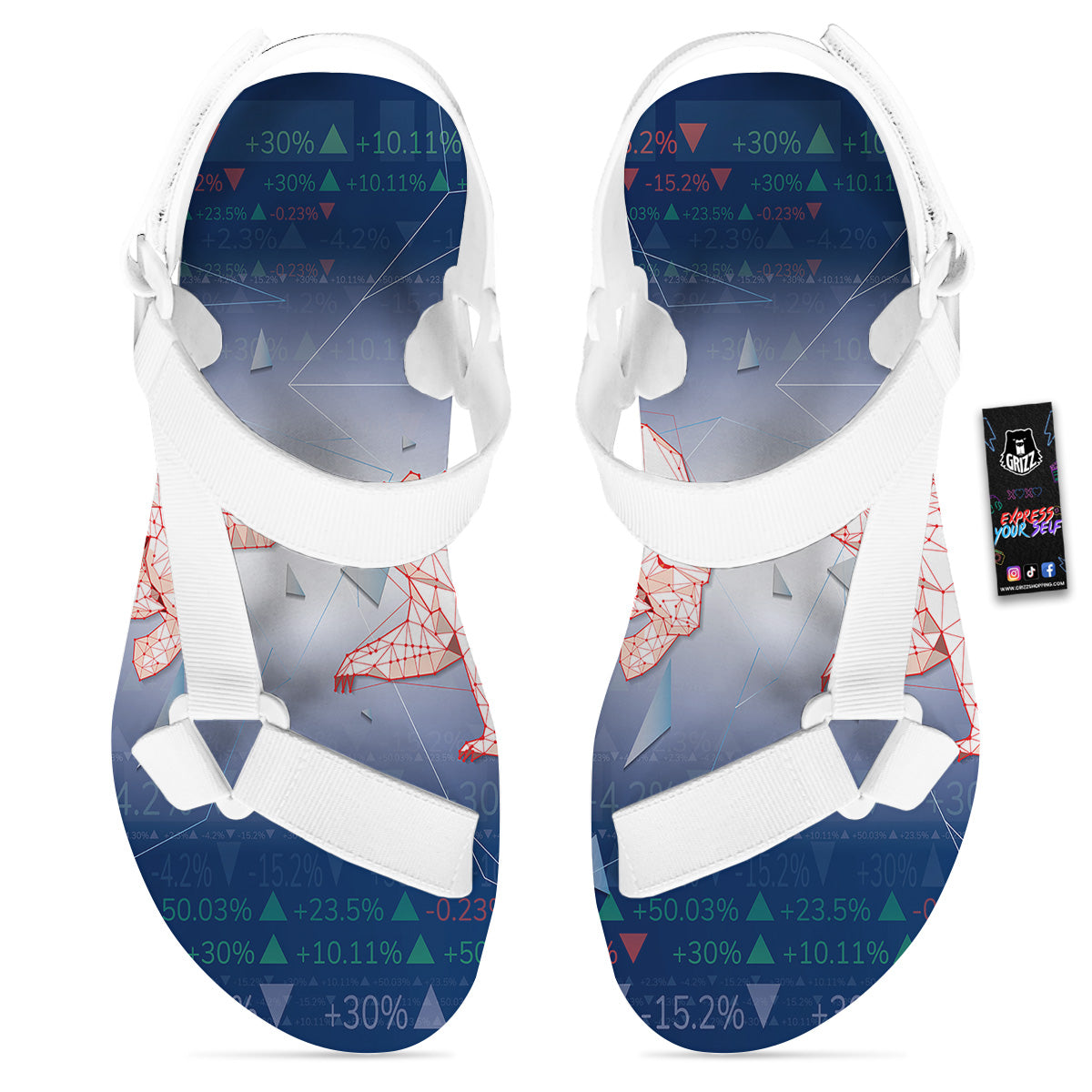 Stock Market Bear And Bull Print White Open Toe Sandals-grizzshop