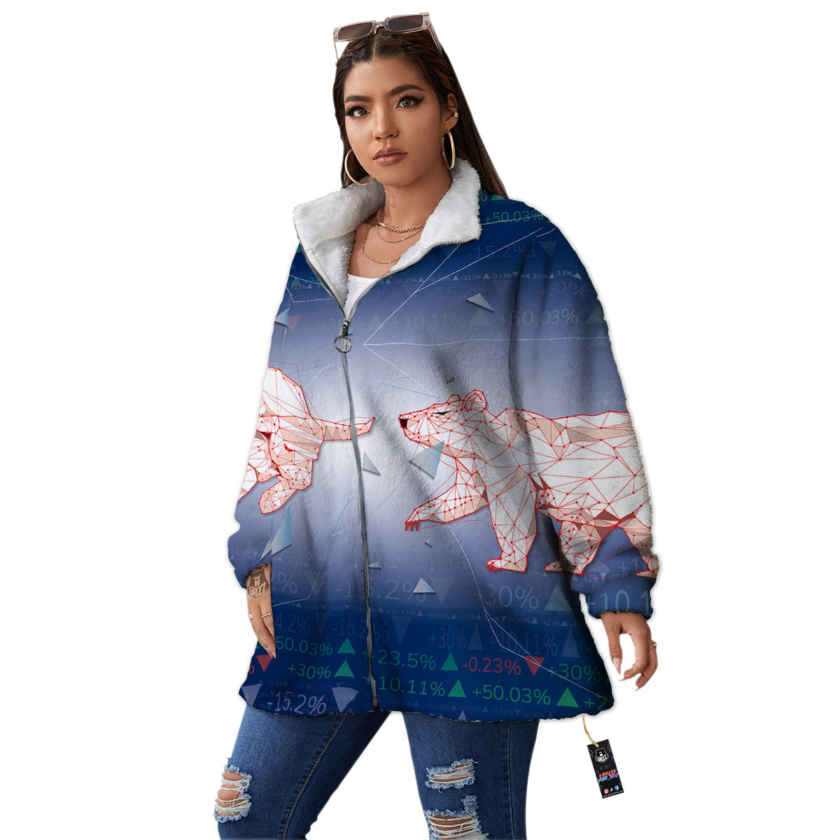 Stock Market Bear And Bull Print Women's Sherpa Jacket-grizzshop