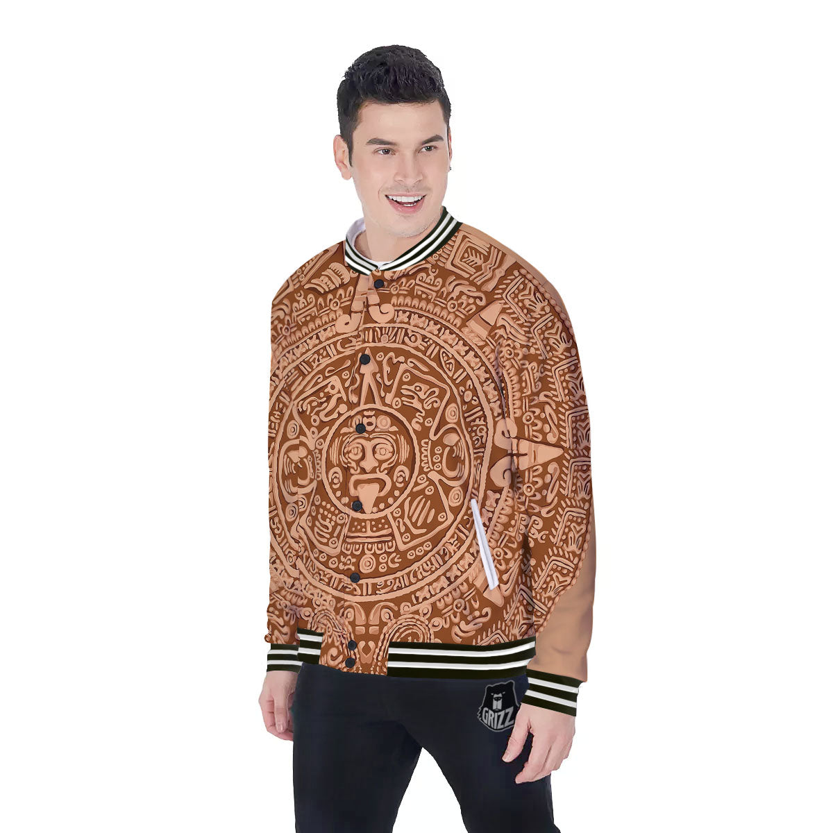 Stone Mayan Print Baseball Jacket-grizzshop