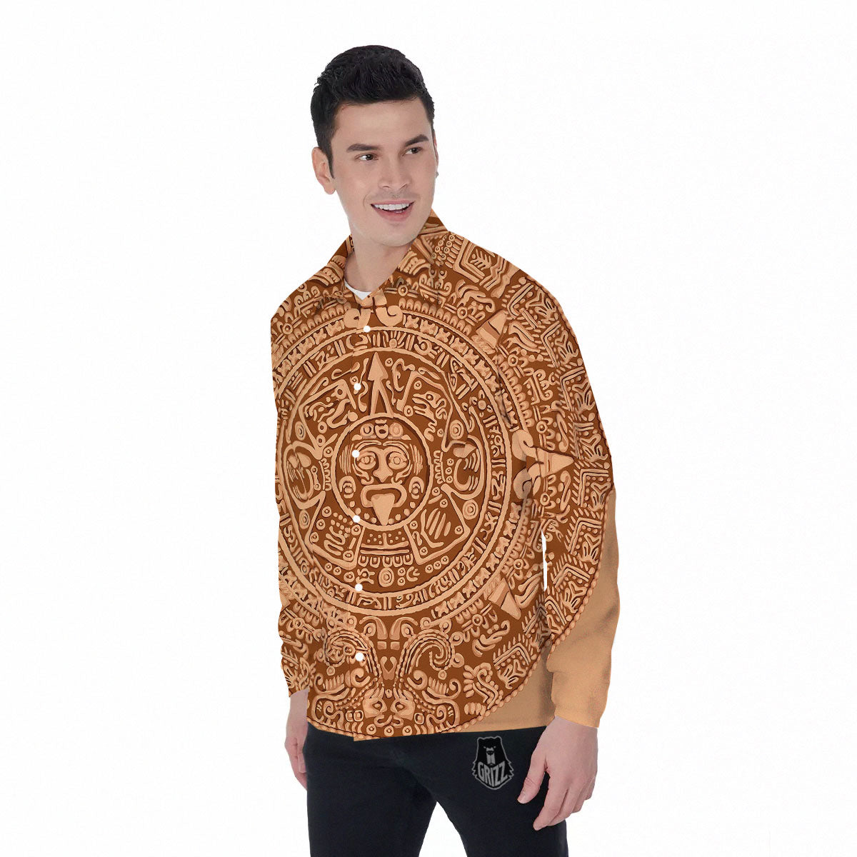 Stone Mayan Print Men's Long Sleeve Shirts-grizzshop