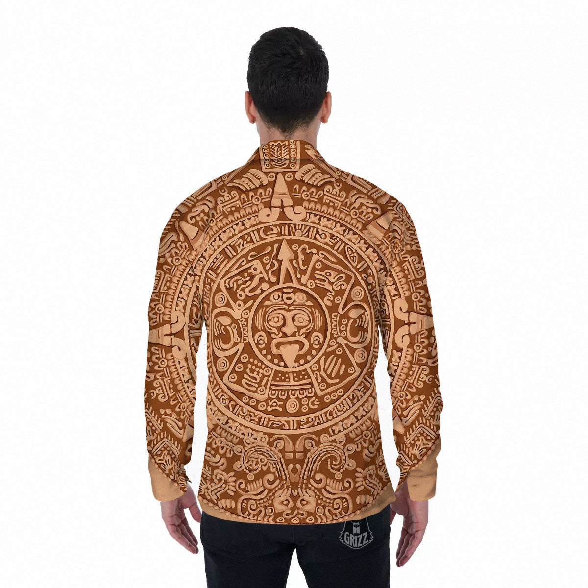 Stone Mayan Print Men's Long Sleeve Shirts-grizzshop