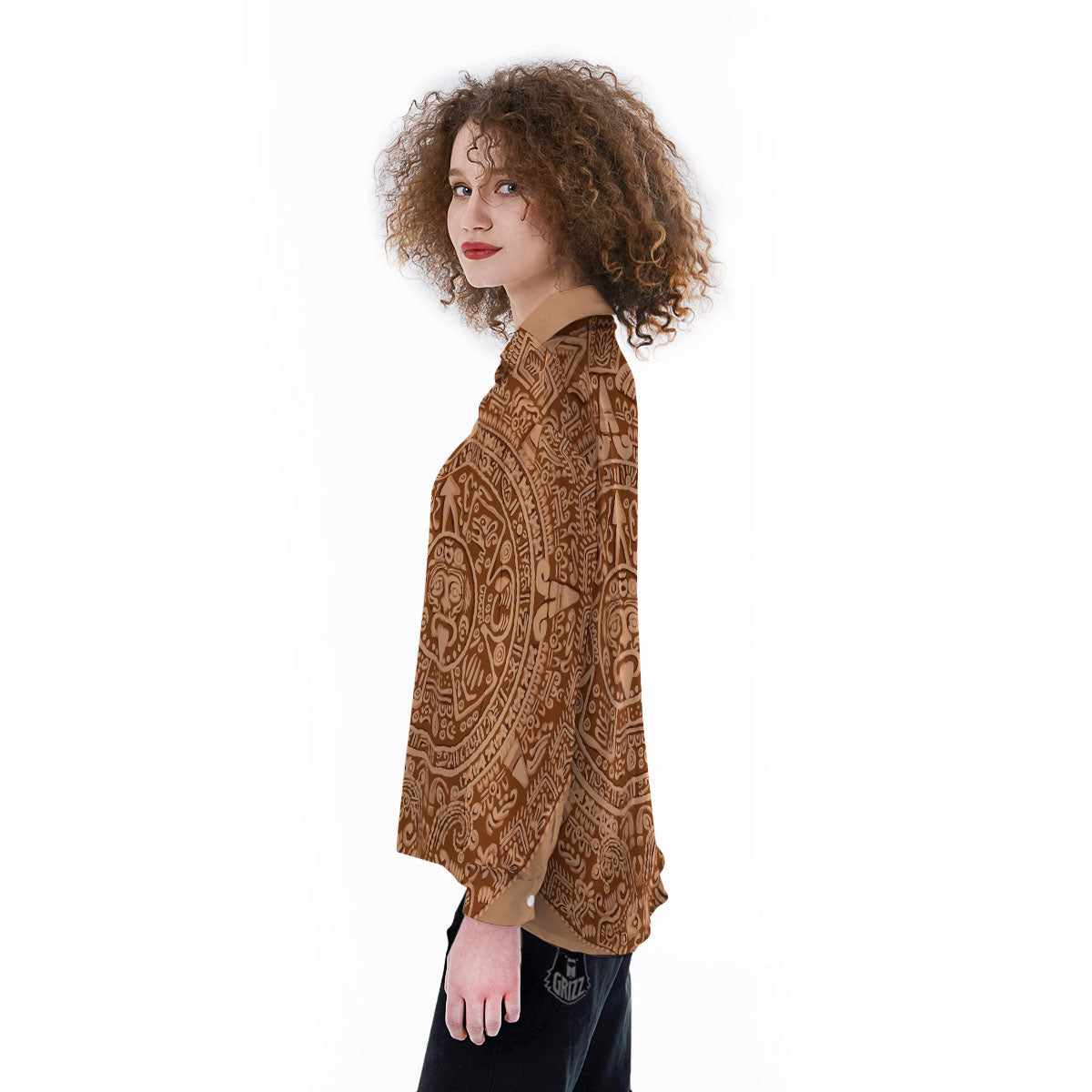 Stone Mayan Print Women's Long Sleeve Shirts-grizzshop
