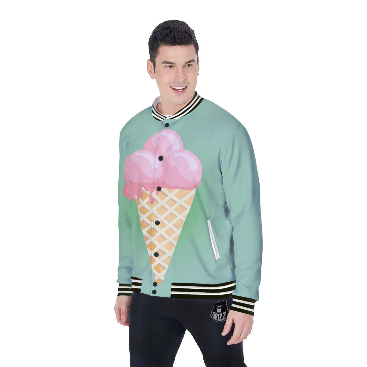 Strawberry Ice Cream Teal Print Baseball Jacket-grizzshop