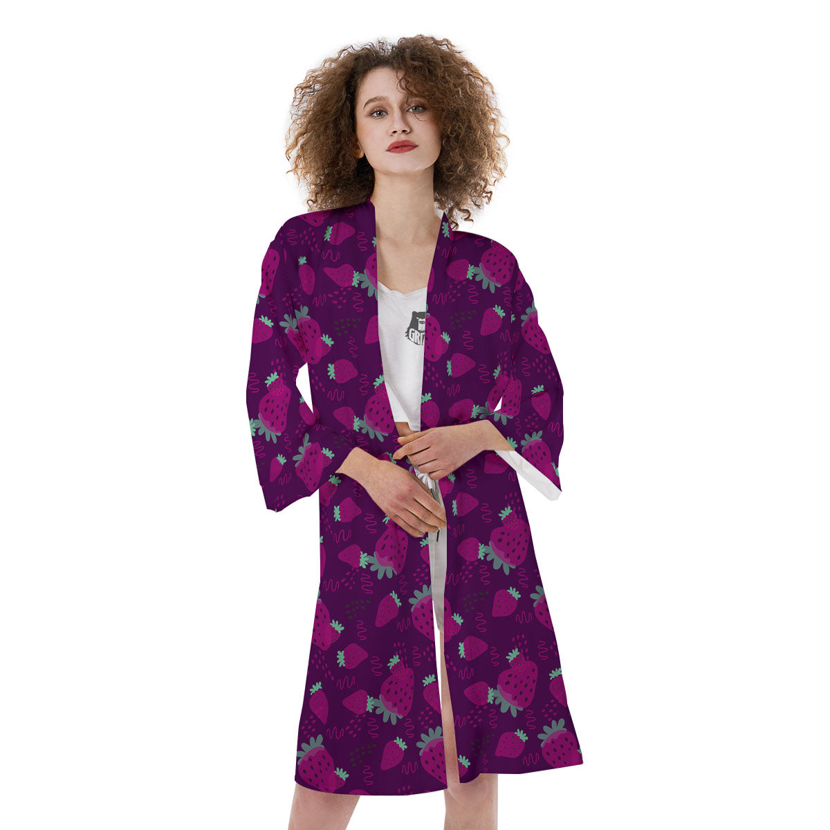 Strawberry Purple Print Pattern Kimono-grizzshop