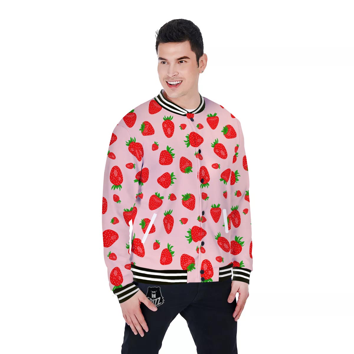Strawberry Red Print Pattern Baseball Jacket-grizzshop