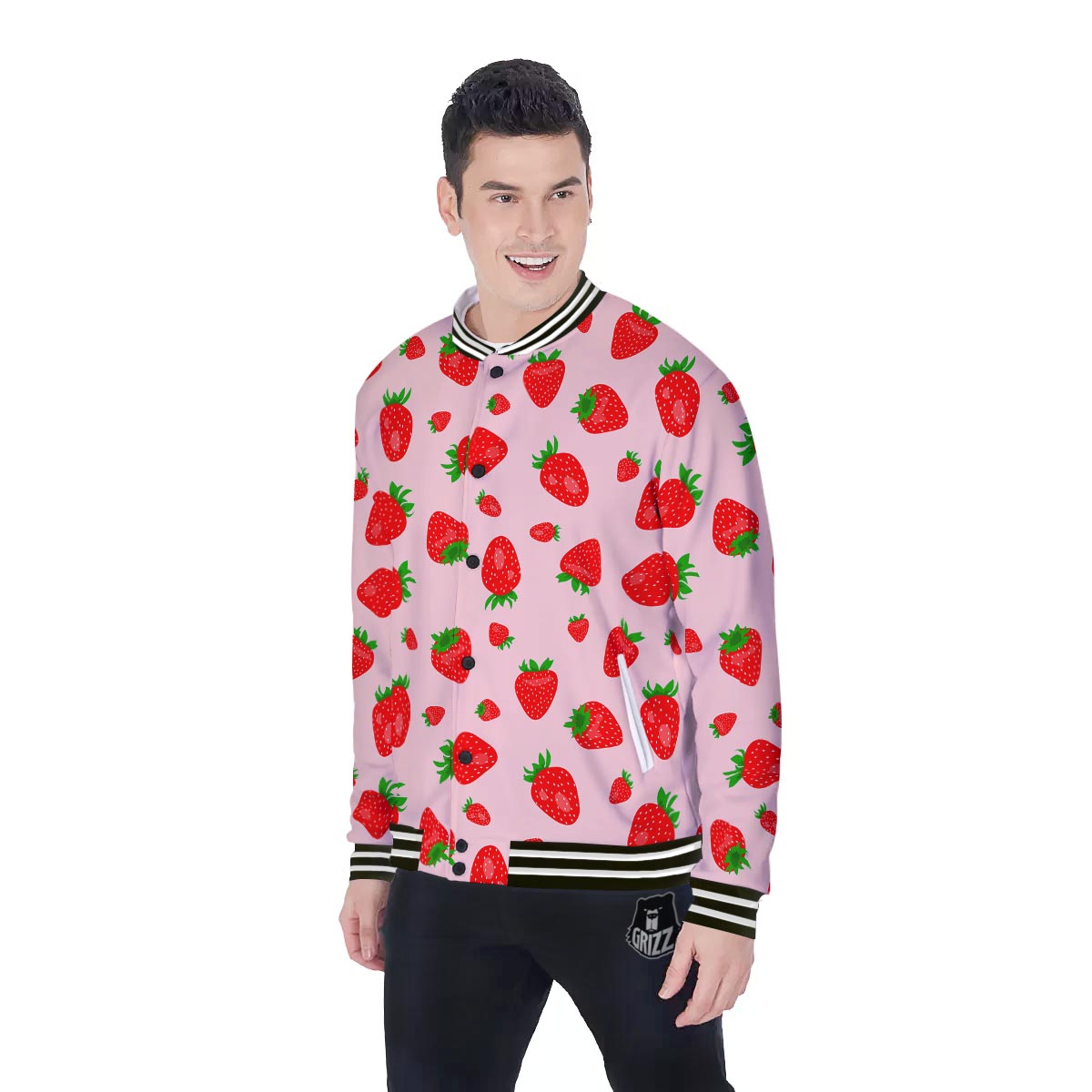 Strawberry Red Print Pattern Baseball Jacket-grizzshop