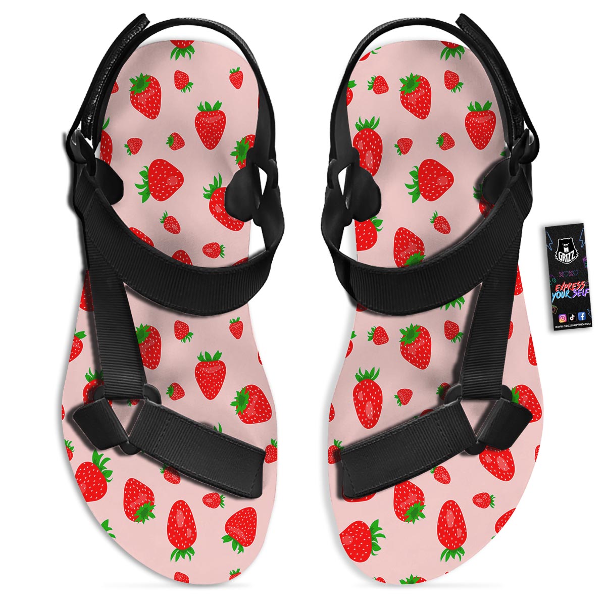 Strawberry Red Print Pattern Black Open Toe Sandals-grizzshop