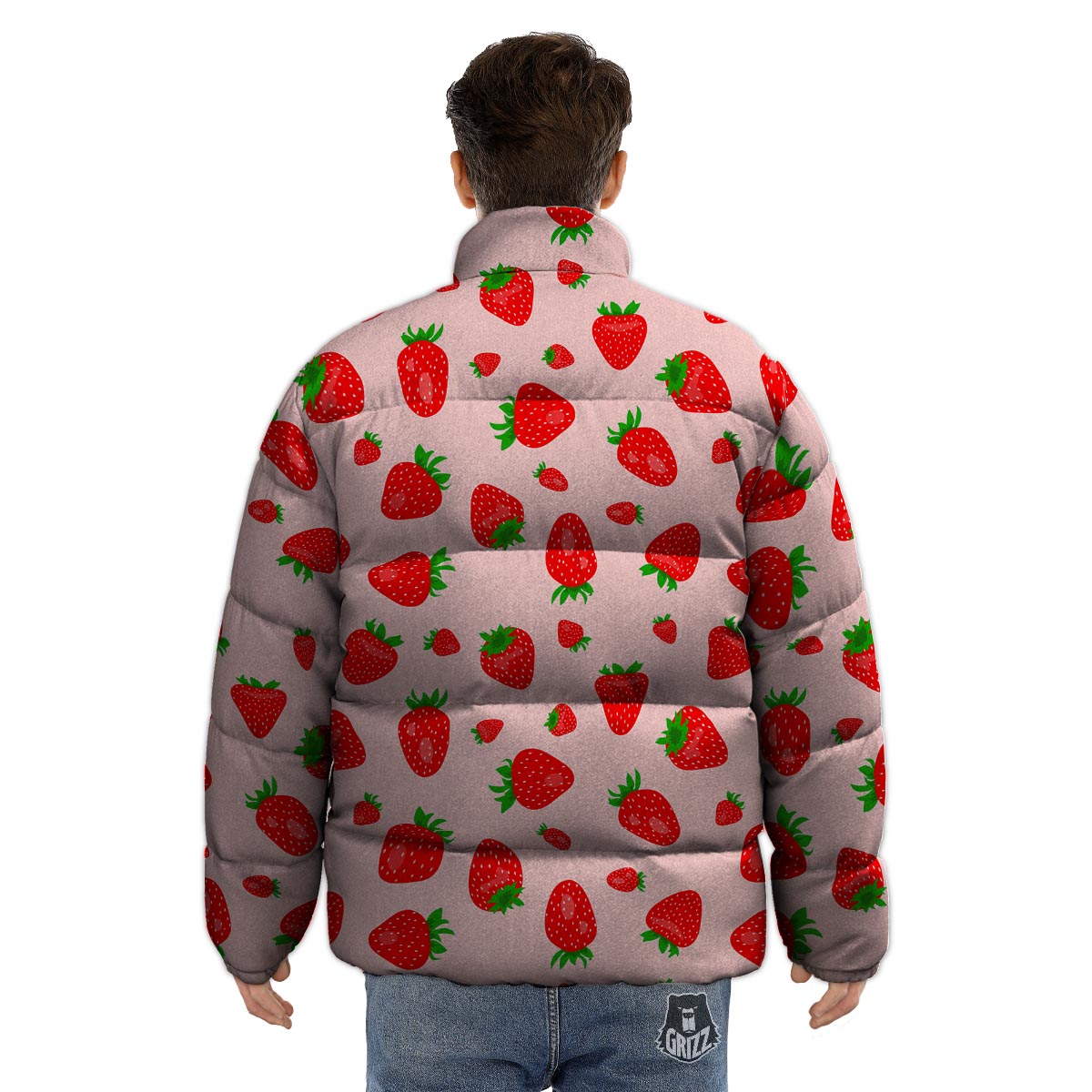 Strawberry Red Print Pattern Puffer Jacket-grizzshop