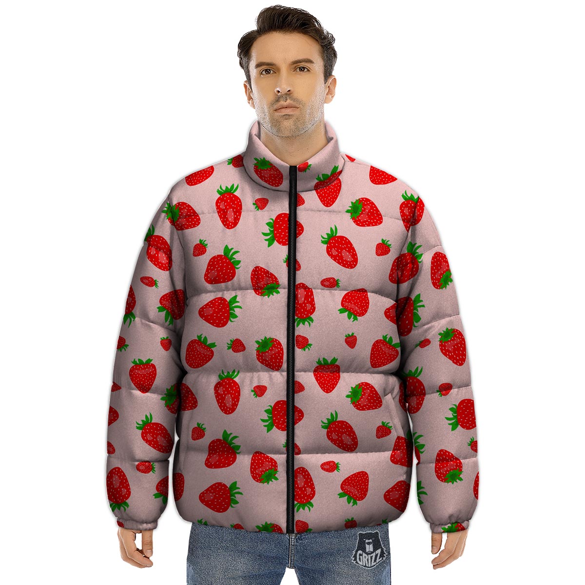 Strawberry Red Print Pattern Puffer Jacket-grizzshop