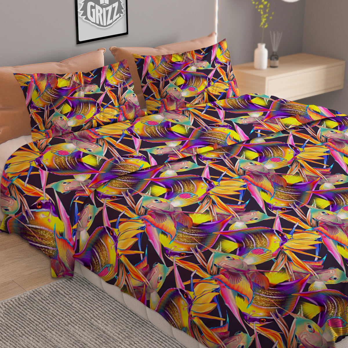 Strelitzia and Fish Tropical Exotic Print Pattern Duvet Cover Bedding Set-grizzshop