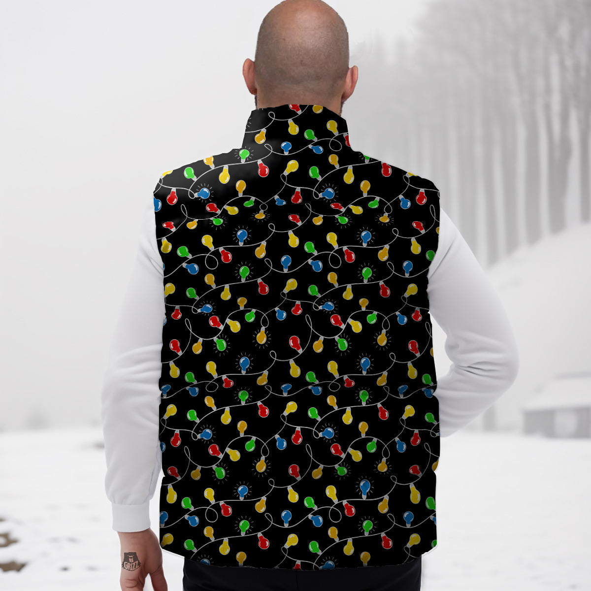String Lights Colorful Christmas Print Down Vest