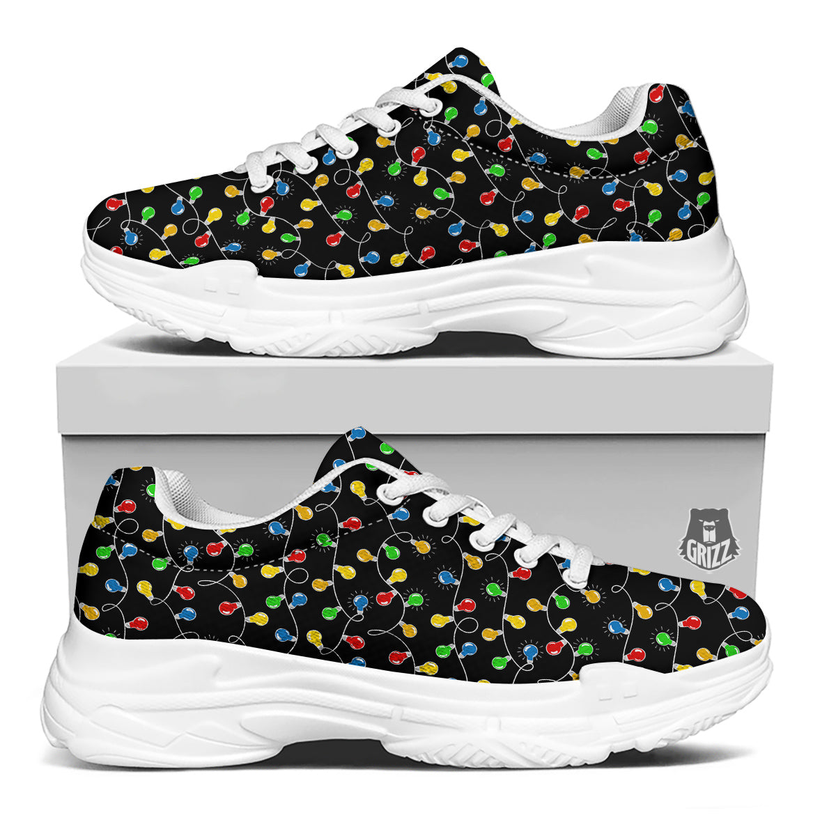 String Lights Colorful Christmas Print White Chunky Shoes-grizzshop