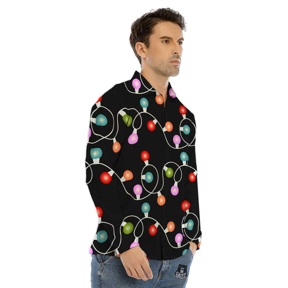 String Lights LED Christmas Print Men's Dress Shirts-grizzshop
