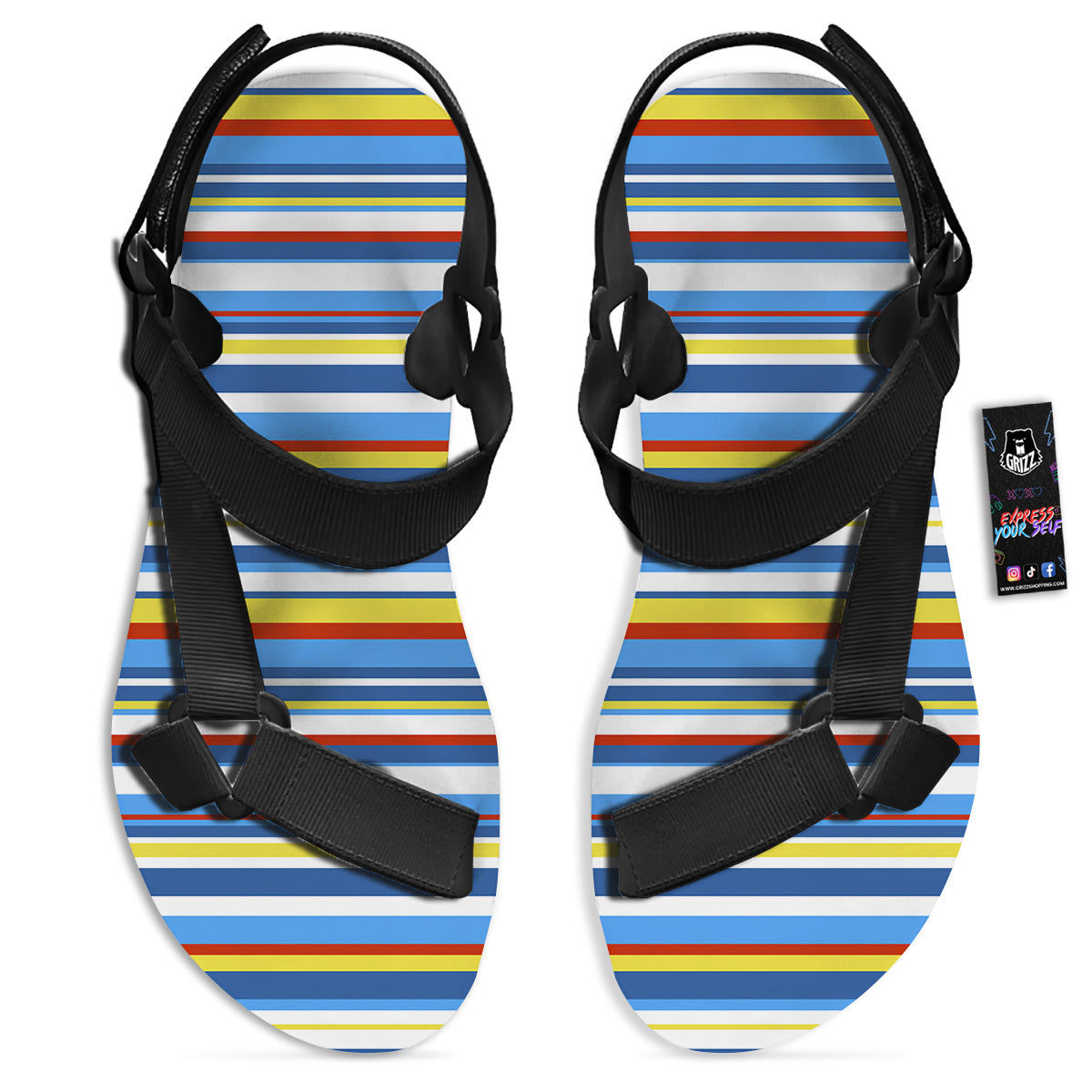 Stripe Autism Awareness Color Print Pattern Black Open Toe Sandals-grizzshop