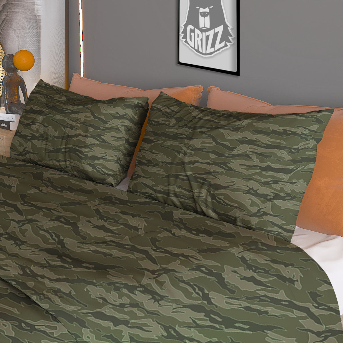 Stripe Camo Green Tiger Print Pattern Duvet Cover Bedding Set