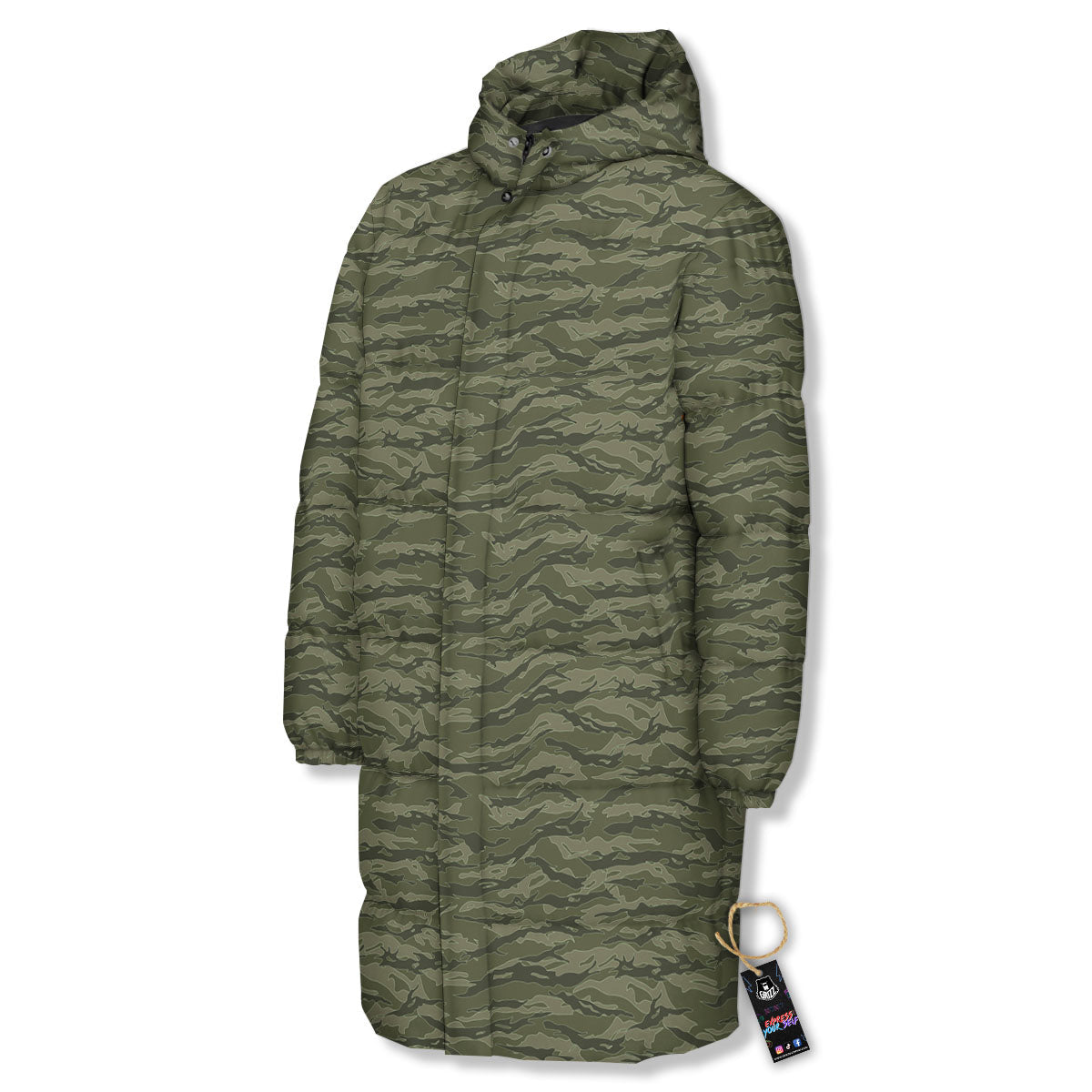 Stripe Camo Green Tiger Print Pattern Long Down Jacket-grizzshop