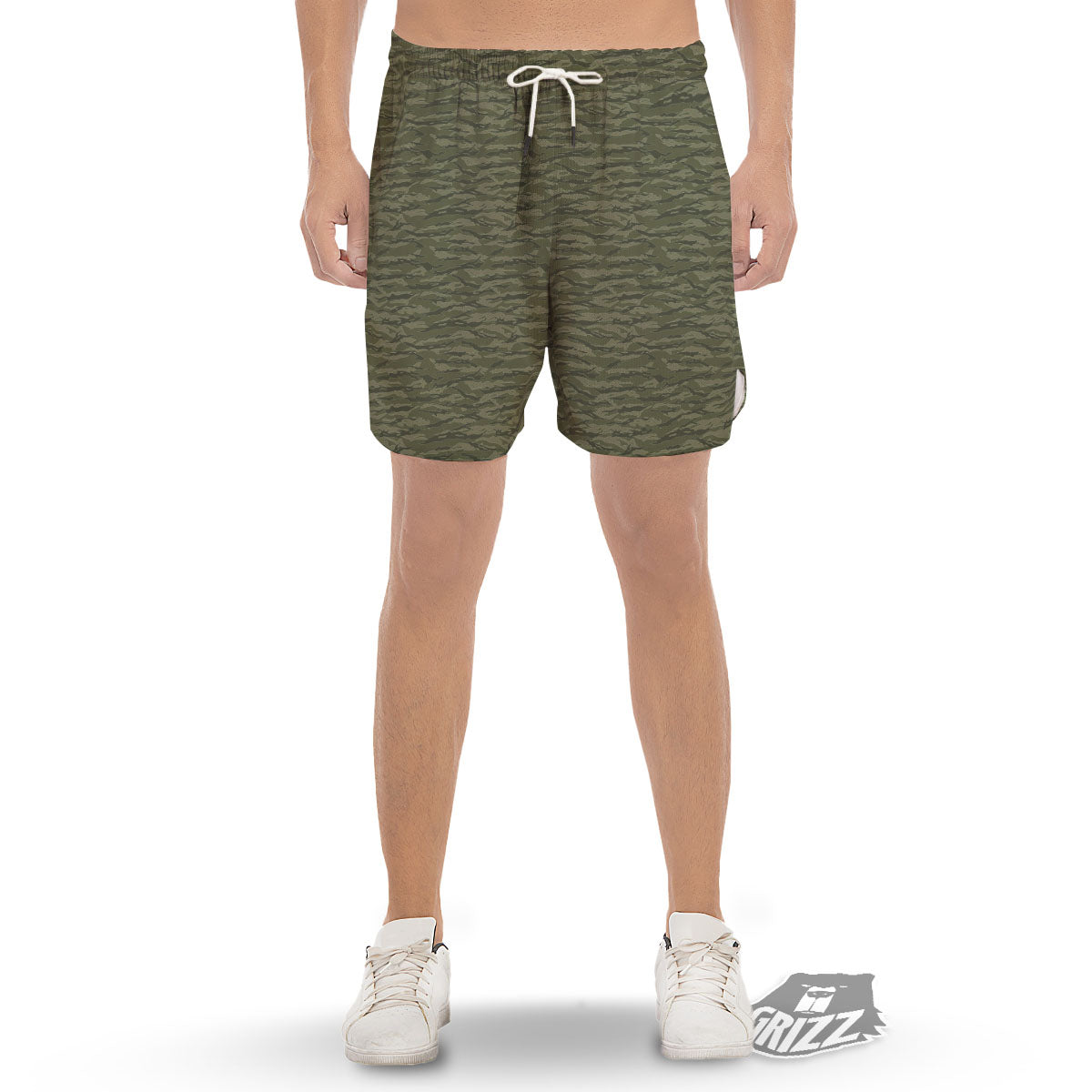 Stripe Camo Green Tiger Print Pattern Men's Gym Shorts-grizzshop
