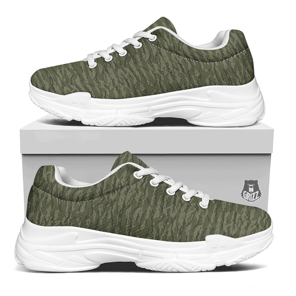 Stripe Camo Green Tiger Print Pattern White Chunky Shoes-grizzshop