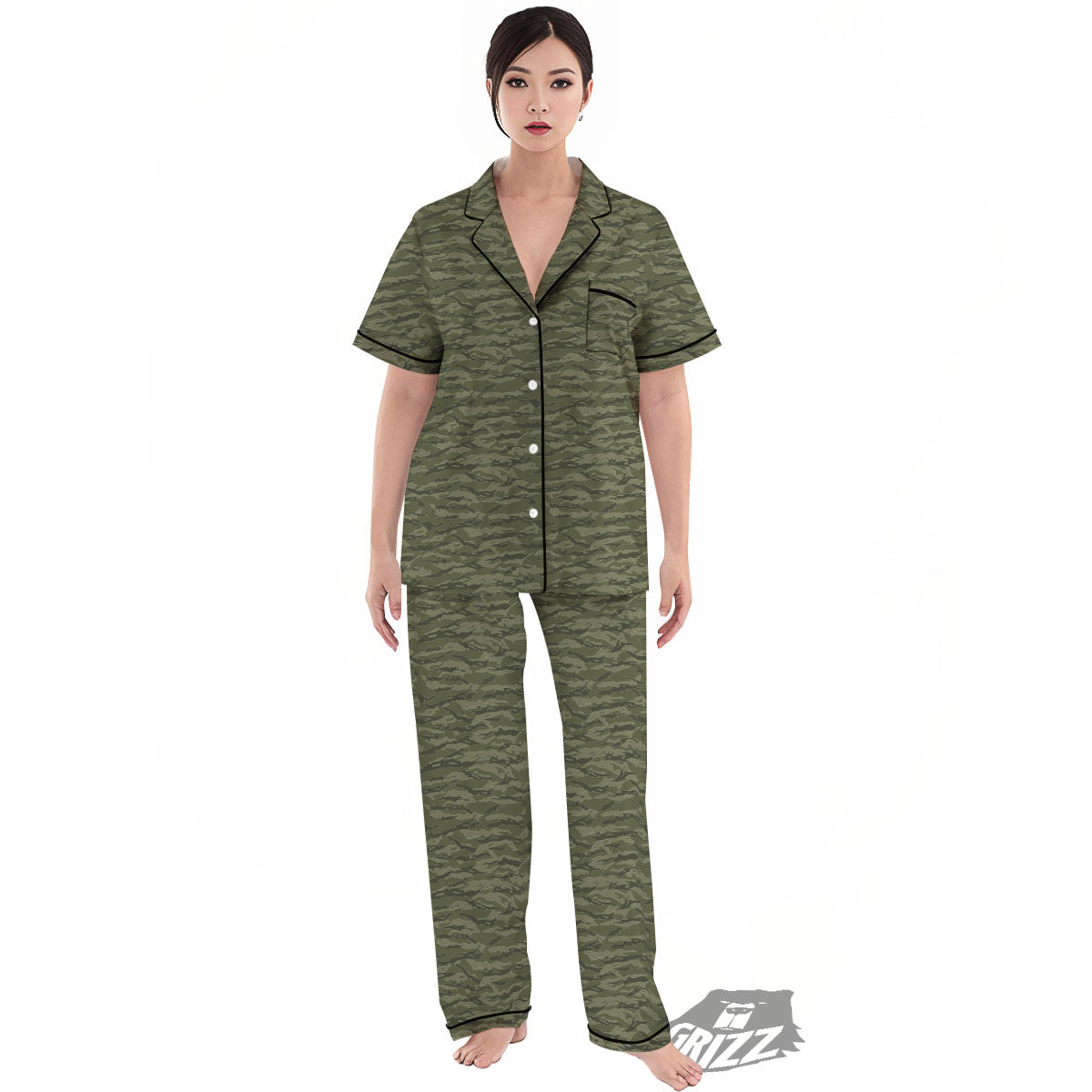 Stripe Camo Green Tiger Print Pattern Women's Pajamas Set-grizzshop