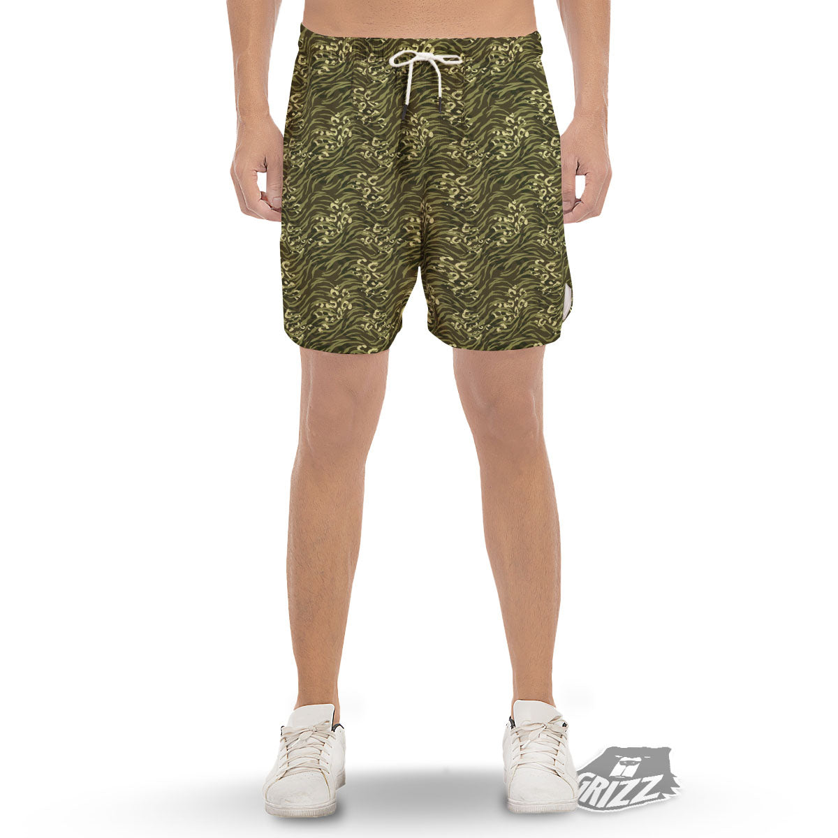 Stripe Camouflage Green Tiger Print Men's Gym Shorts-grizzshop
