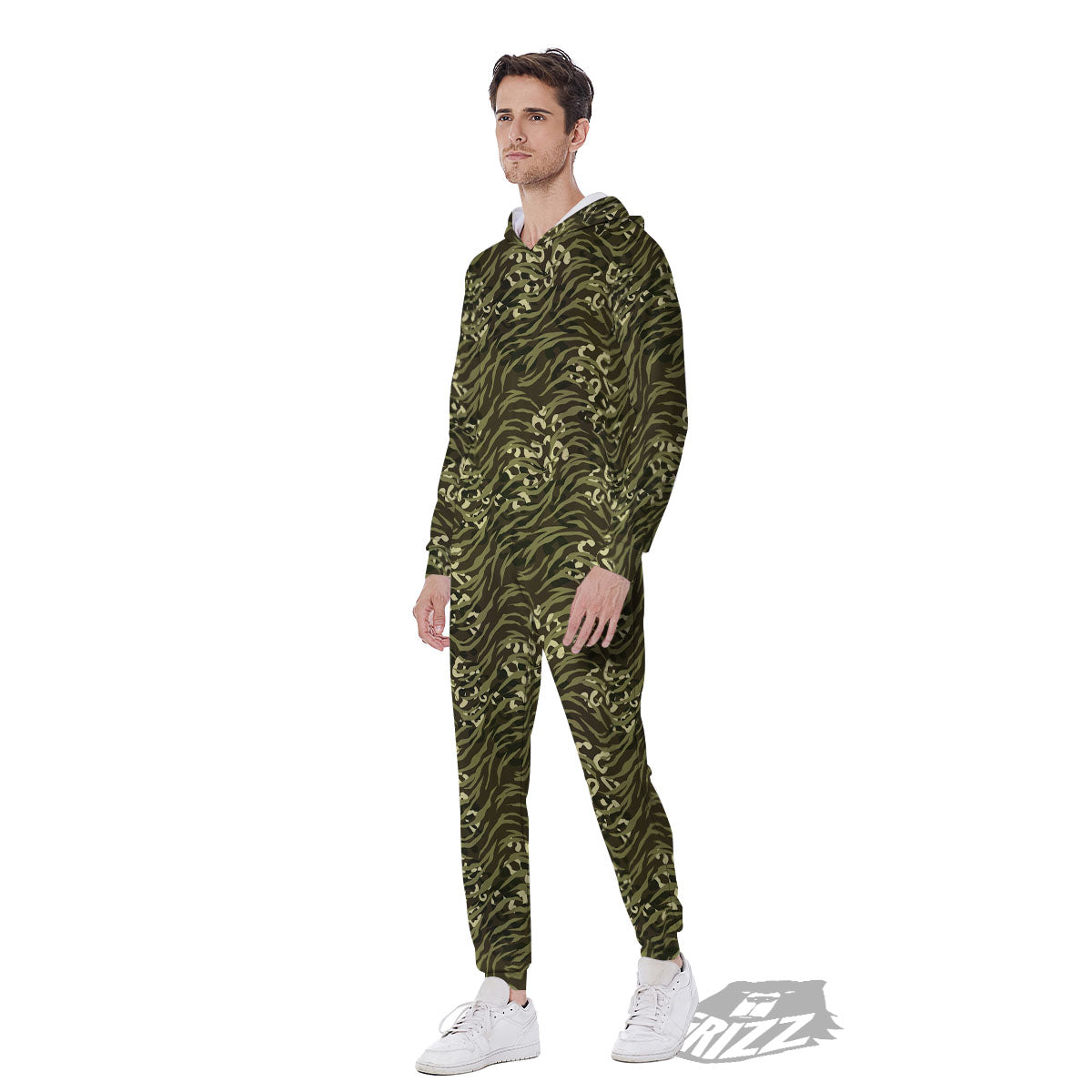 Stripe Camouflage Green Tiger Print Men's Jumpsuit-grizzshop