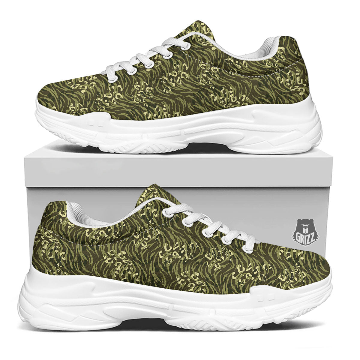Stripe Camouflage Green Tiger Print White Chunky Shoes-grizzshop