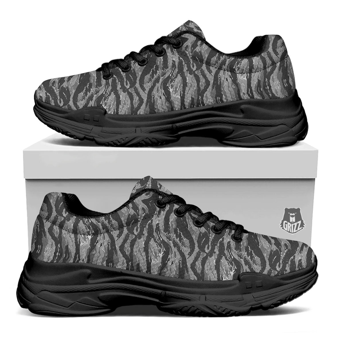 Stripe Camouflage Grey Tiger Print Black Chunky Shoes-grizzshop