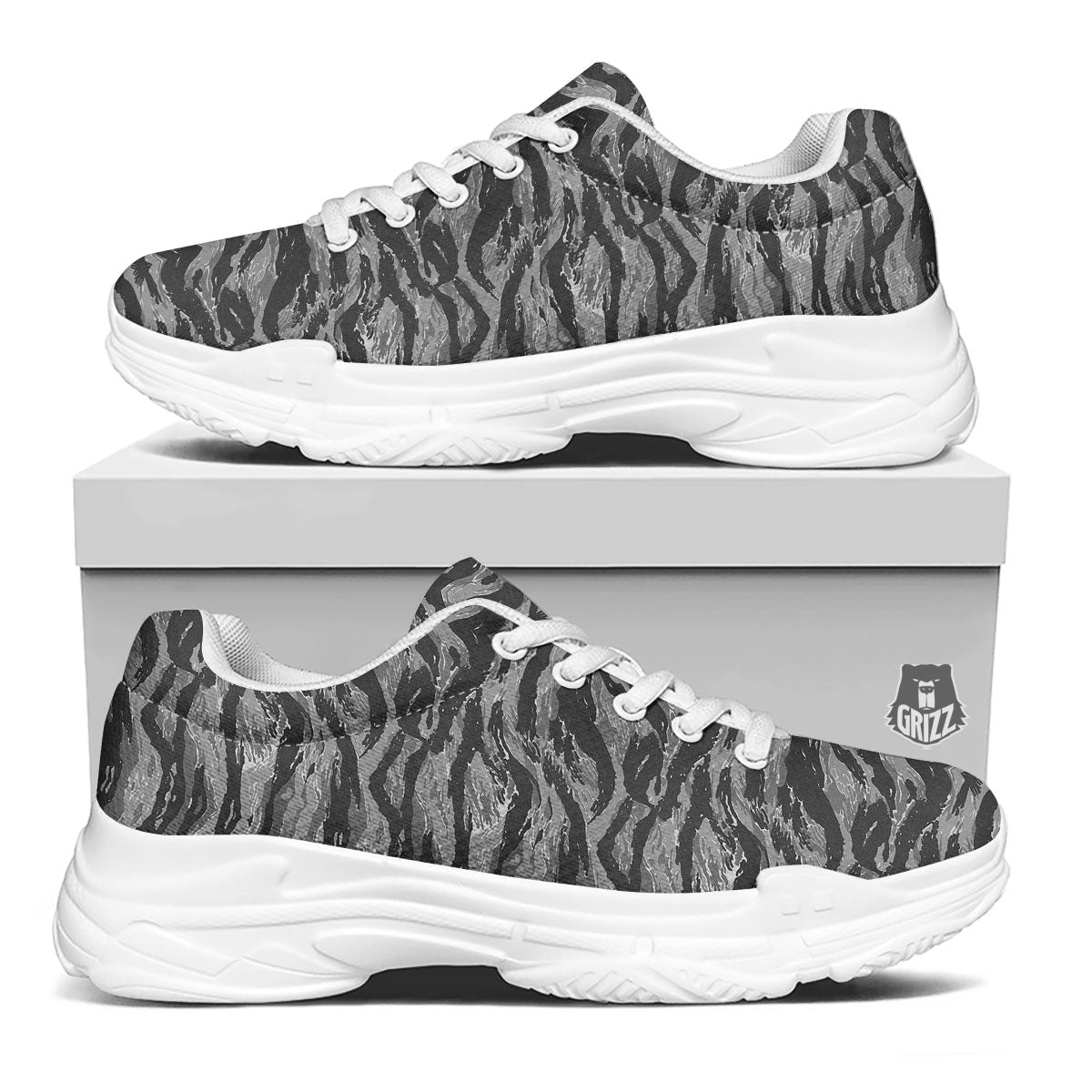 Stripe Camouflage Grey Tiger Print White Chunky Shoes-grizzshop