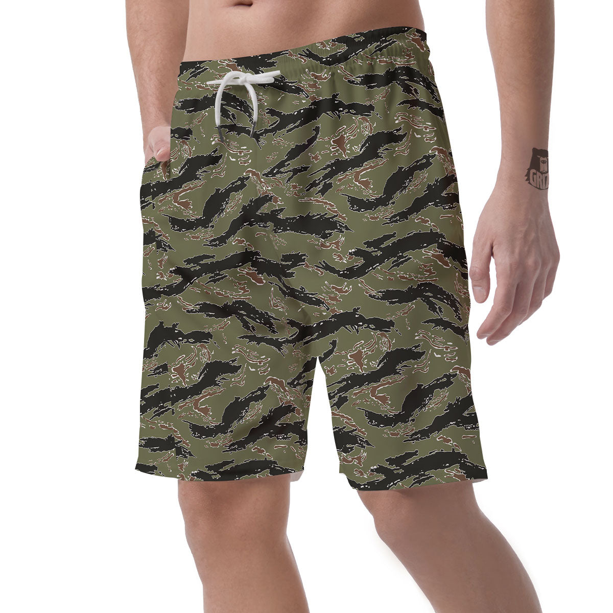 Stripe Camouflage Military Tiger Print Men's Shorts-grizzshop