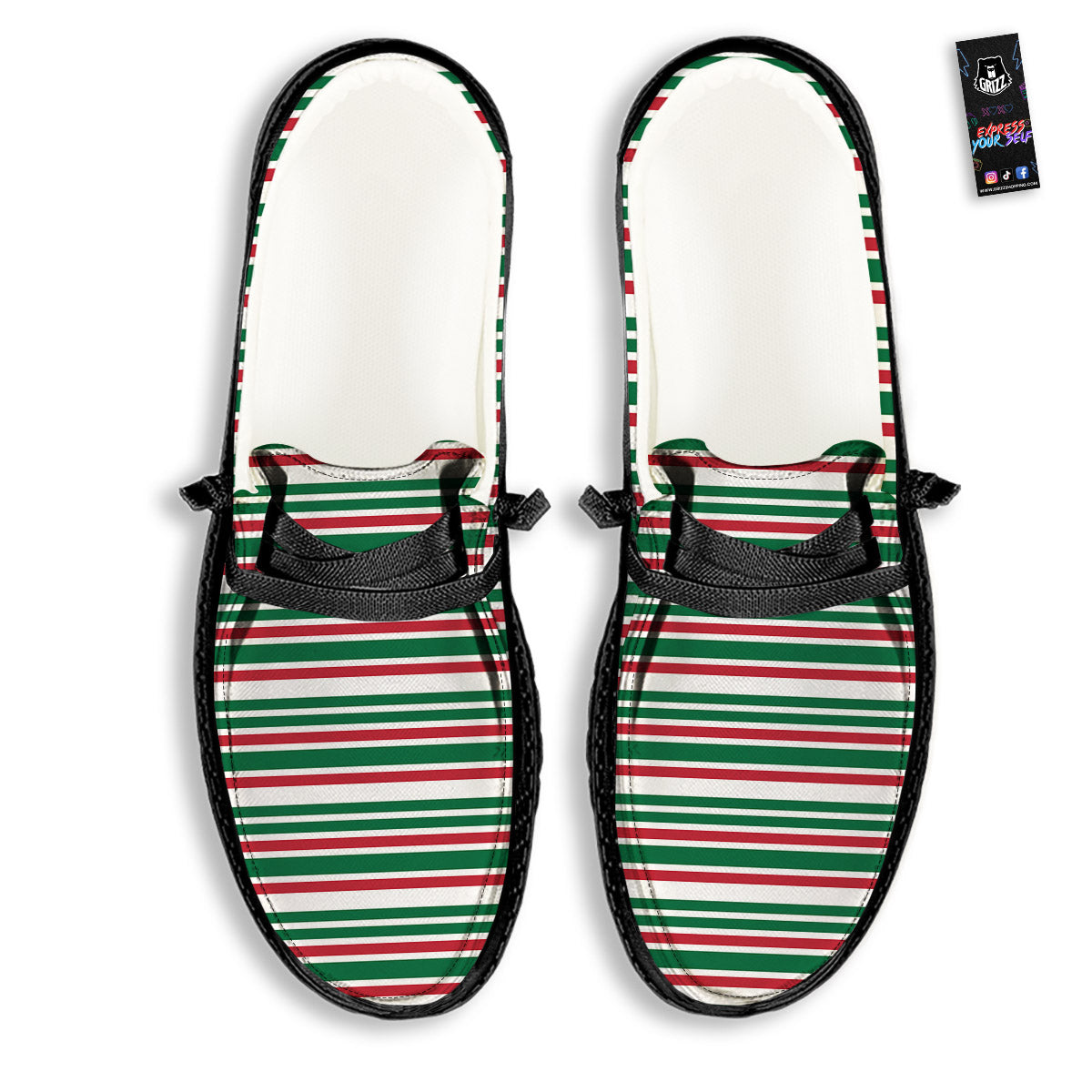 Stripe Candy Cane Print Pattern Black Loafers-grizzshop
