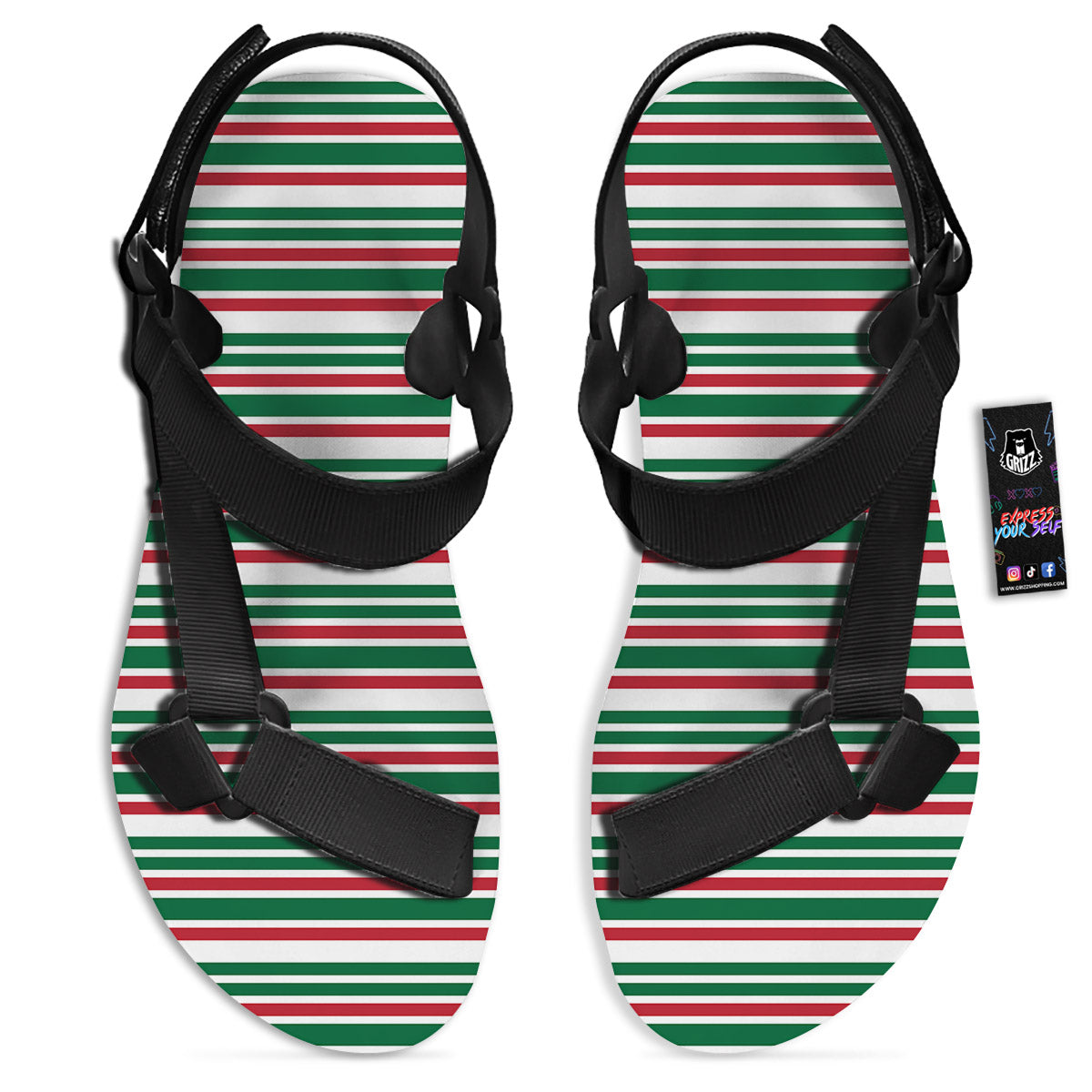 Stripe Candy Cane Print Pattern Black Open Toe Sandals-grizzshop