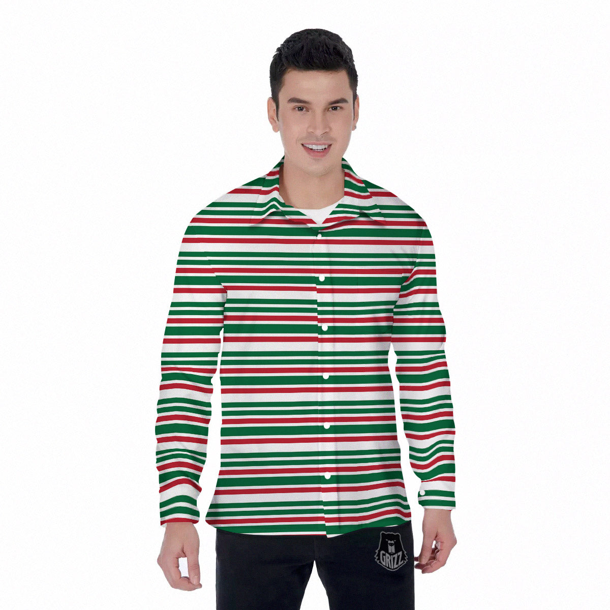 Stripe Candy Cane Print Pattern Men's Long Sleeve Shirts-grizzshop