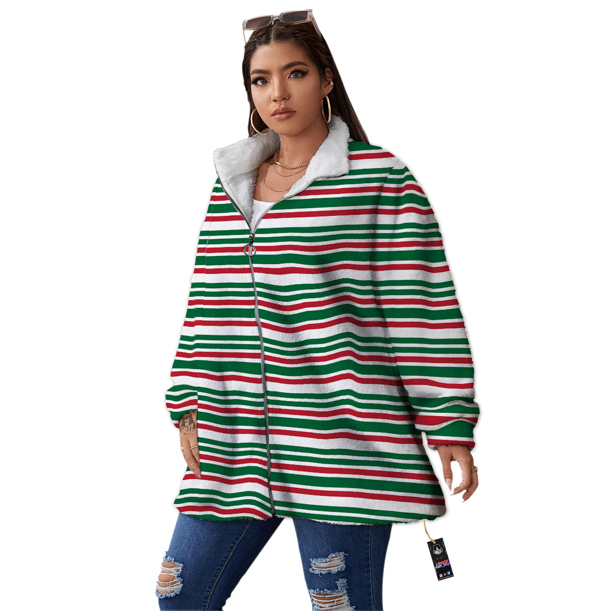Stripe Candy Cane Print Pattern Women's Sherpa Jacket-grizzshop
